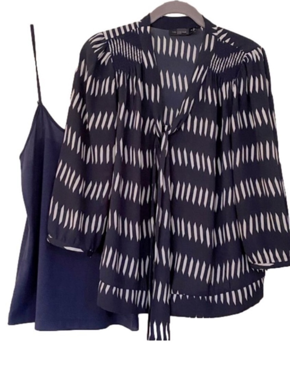 Bow Tie Blouse Set Navy & White Dash Pattern 3/4 Sleeves with Navy Camisole